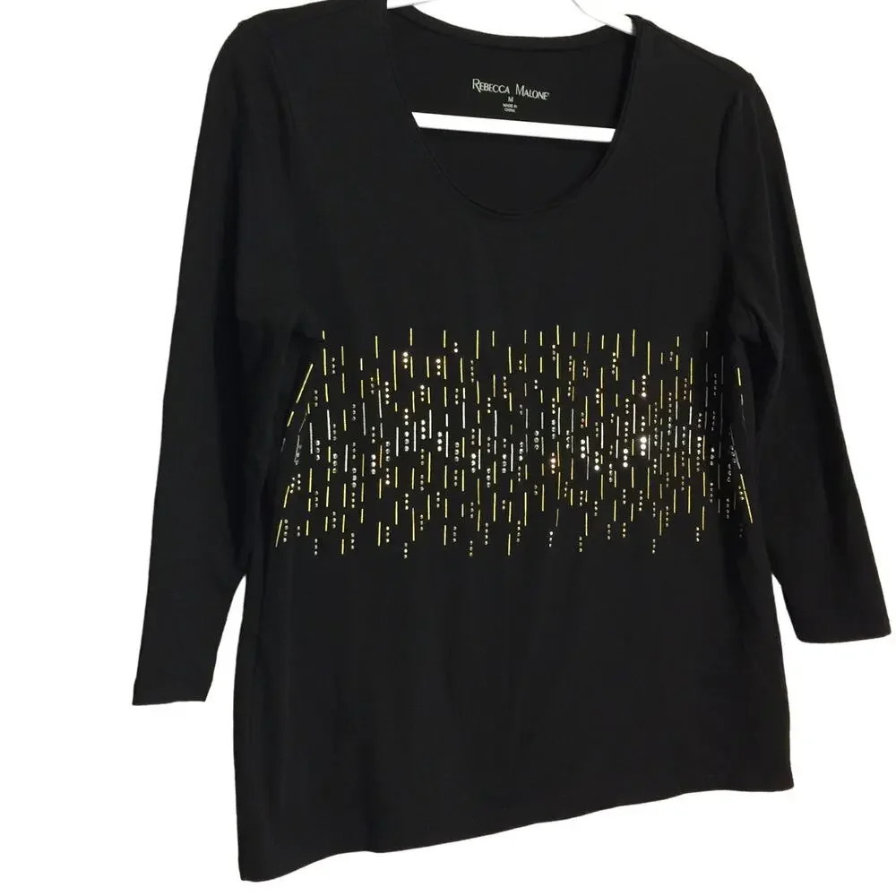 Rebecca Malone women's cotton blend rhinestone studded top black MED0